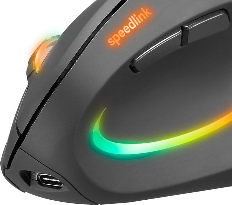 Közelkép egy fekete Speedlink gaming egérről, fényes elemekkel.