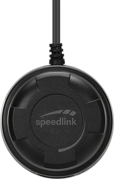 Fekete kör alakú eszköz csatlakoztatott kábellel. Speedlink logó az eszközön.