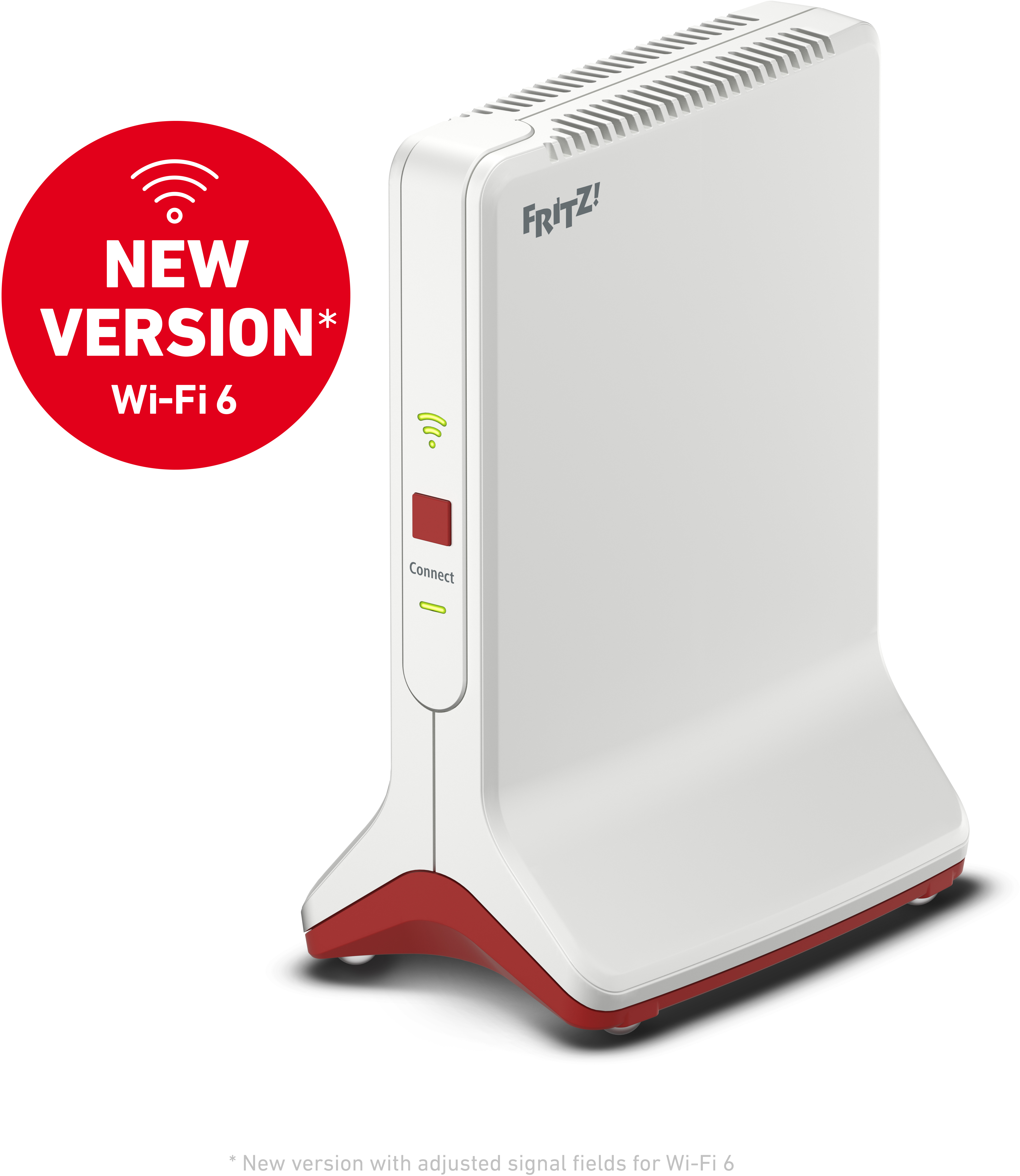 Un routeur Wi-Fi 6 blanc et rouge avec un badge 'NOUVELLE VERSION'.