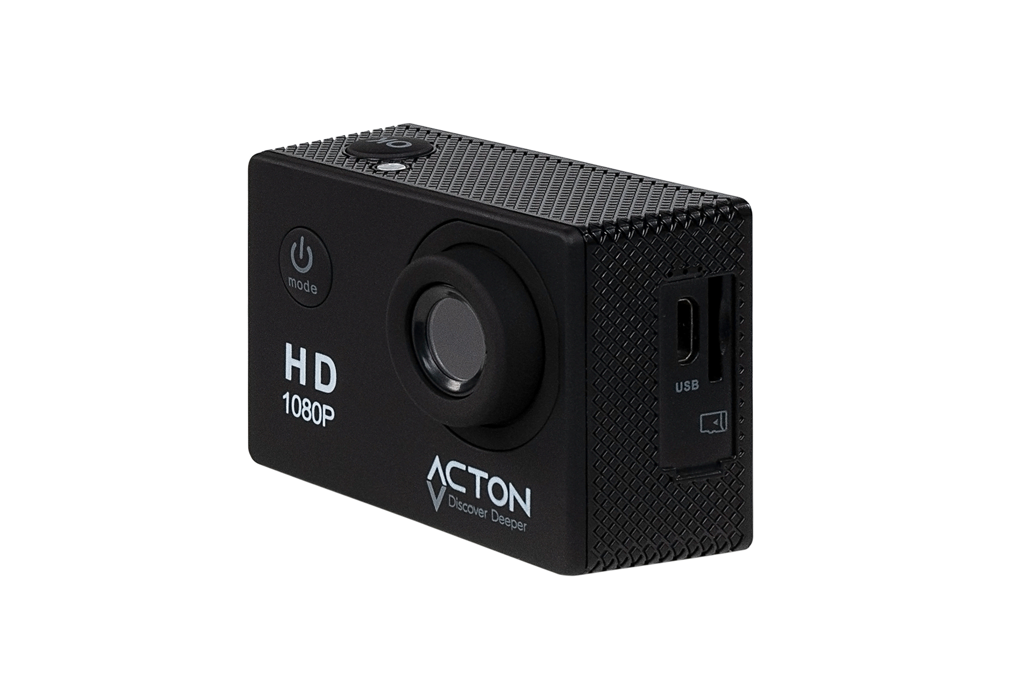 Siyah aksiyon kamerası. Düğmeleri, lensi ve USB portu var. HD kelimesi basılı.