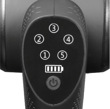 Gros plan d'un appareil noir avec des boutons numérotés (1-5), un indicateur de batterie et un bouton d'alimentation.