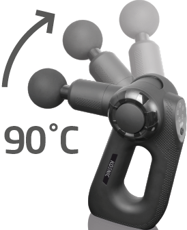 Un pistolet de massage gris avec des têtes rotatives, une flèche indique une rotation de 90 degrés. Il est écrit 90°C.