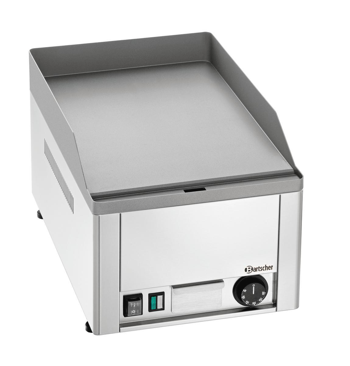 Edelstahl-Grillplatte mit silberner Kochfläche und Bedienelementen.