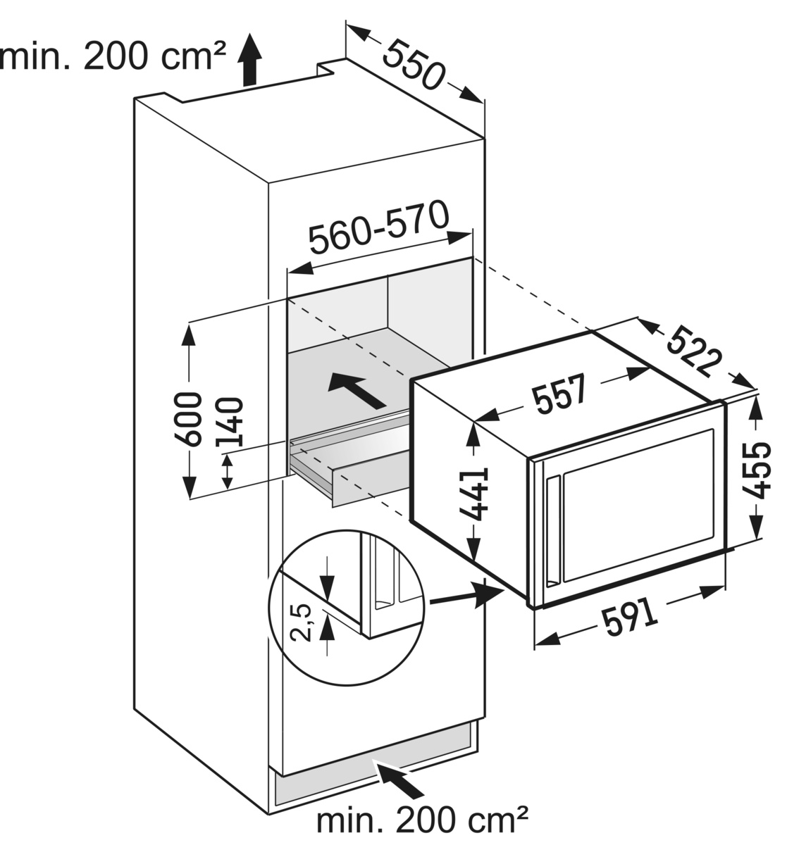 Konyhai készülék diagramja méretekkel és nyilakkal. Fehér háttér, vonalrajz stílus.