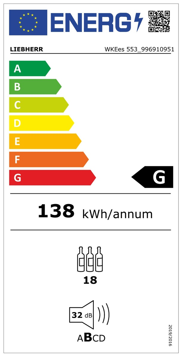 Hűtőszekrény energia címkéje. G energiahatékonyságot, 138 kWh/év, 18 palackhoz.