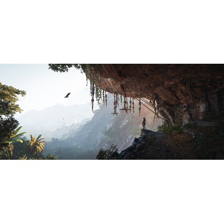 Osoba stojąca na skalistym klifie, z widokiem na zieloną dolinę z górami i drzewami.