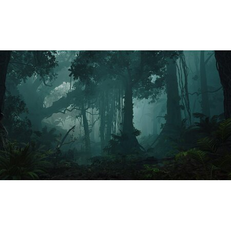 Gęsta, ciemna scena dżungli z wysokimi drzewami, wiszącymi pnączami i mglistym tłem.