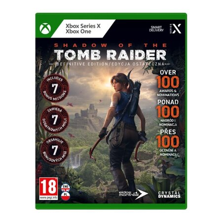 Pudełko z grą Shadow of the Tomb Raider. Obraz Lary Croft. Zielono-biały design.