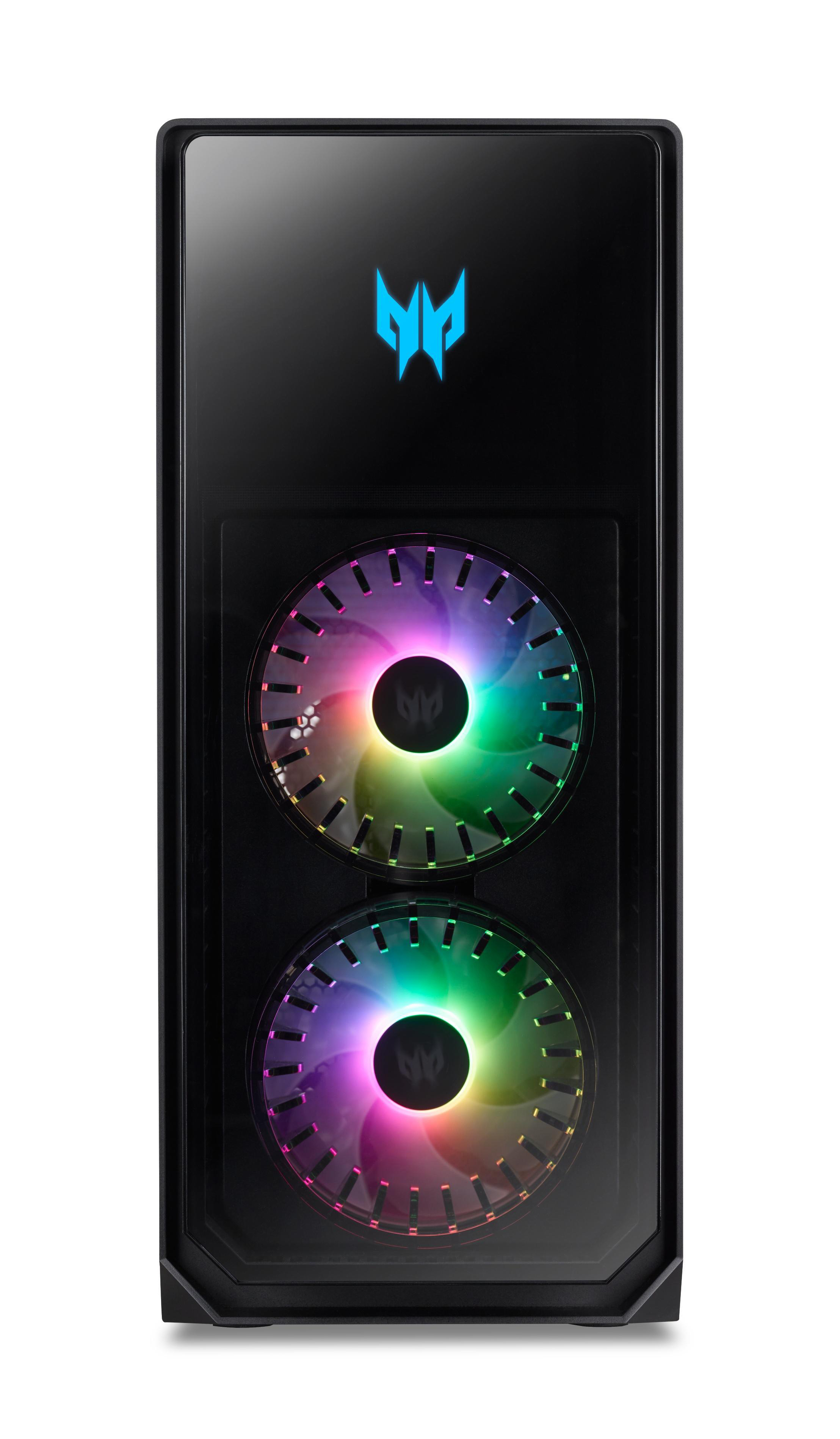 Schwarzes Computergehäuse mit zwei regenbogenfarbenen Lüftern und einem Predator-Logo. Weißer Hintergrund.