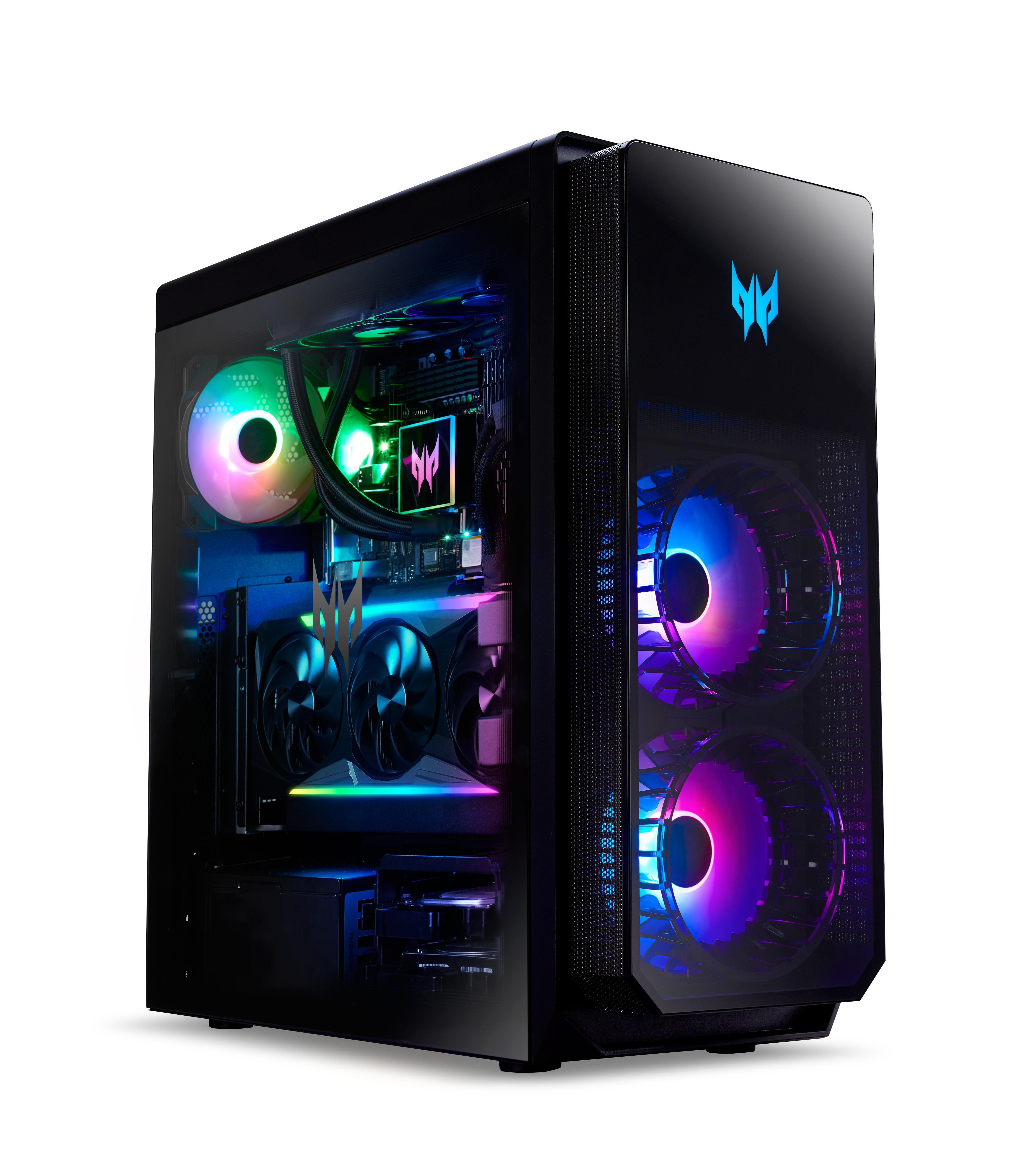 Ein schwarzer Computerturm mit Glasseite, der interne Komponenten und farbenfrohe Lichter zeigt.