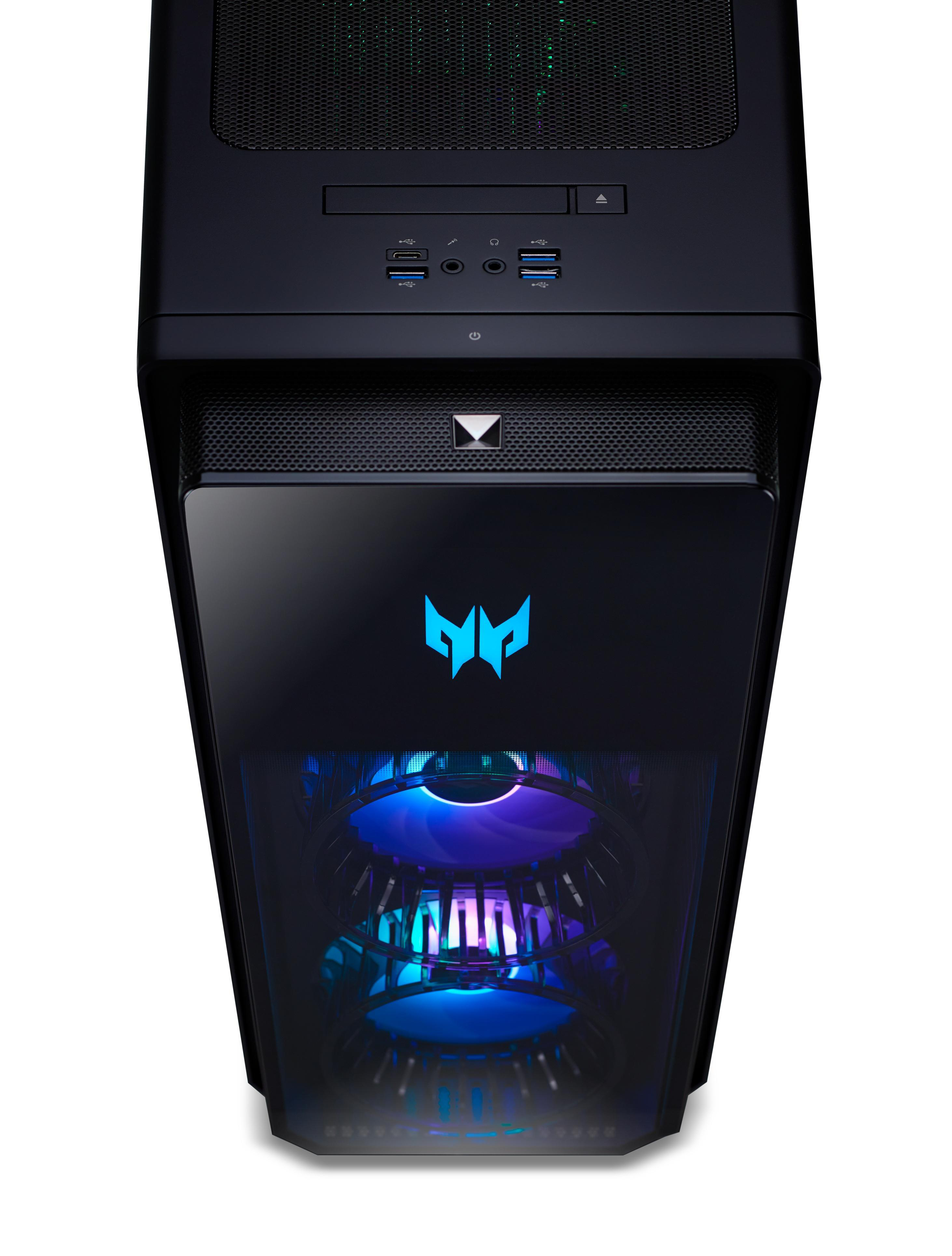 Schwarzes Computergehäuse. Blaues Licht beleuchtet das Innere, mit Predator-Logo. Die Frontplatte ist glänzend.