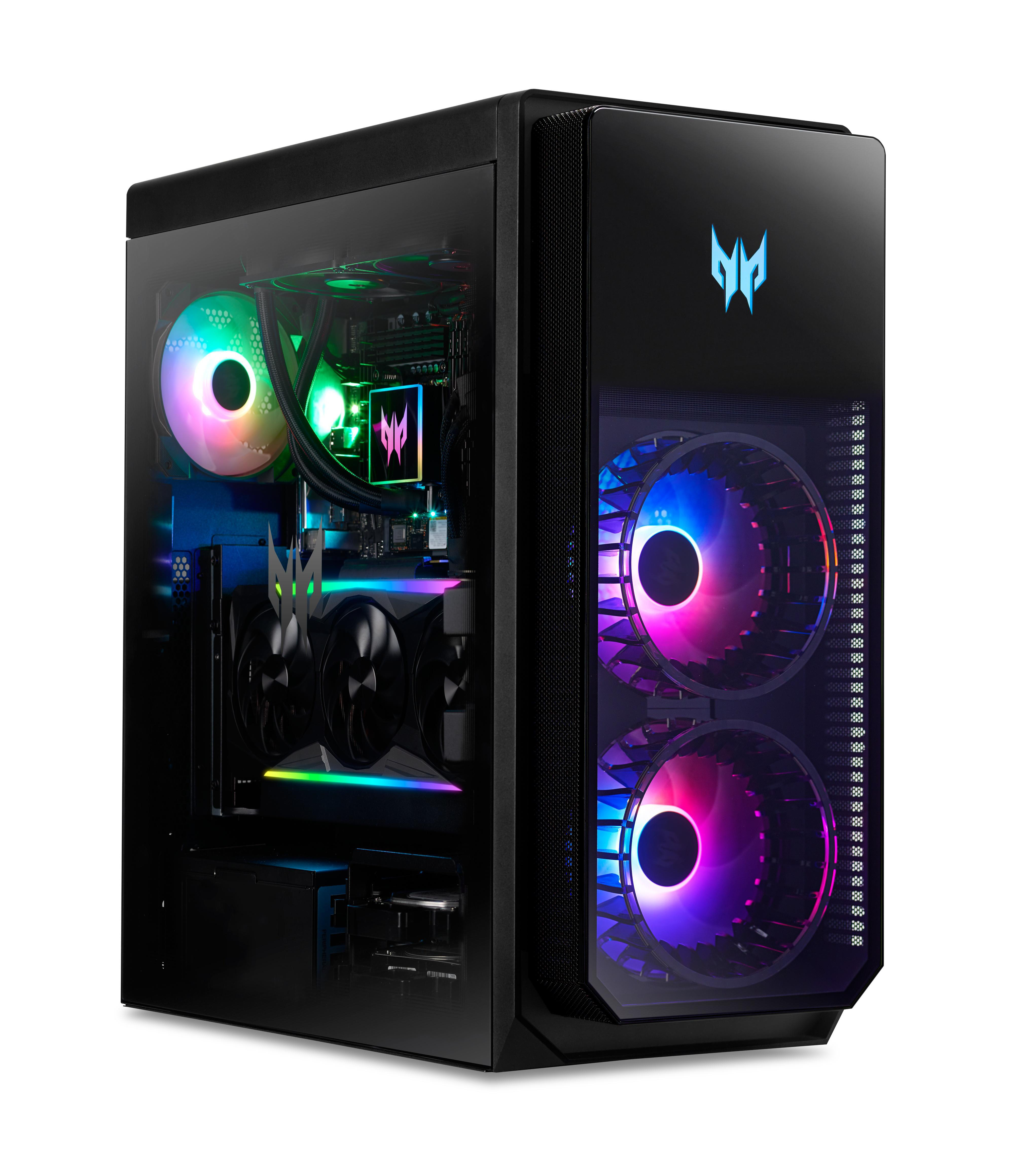 Ein Gaming-PC mit RGB-Lüftern, Glasseite und einem Predator-Logo.