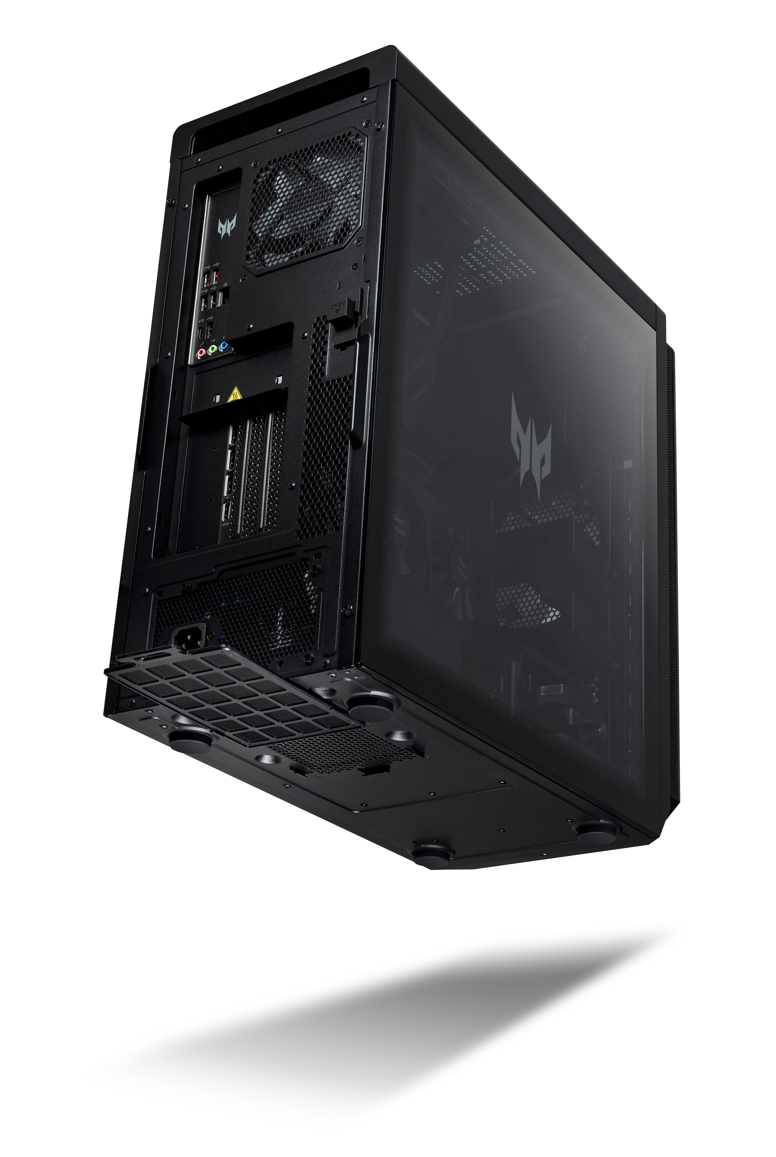 PC-Gehäuse, nach oben geneigt. Schwarz mit transparentem Seitenteil, zeigt Komponenten und ein Logo.