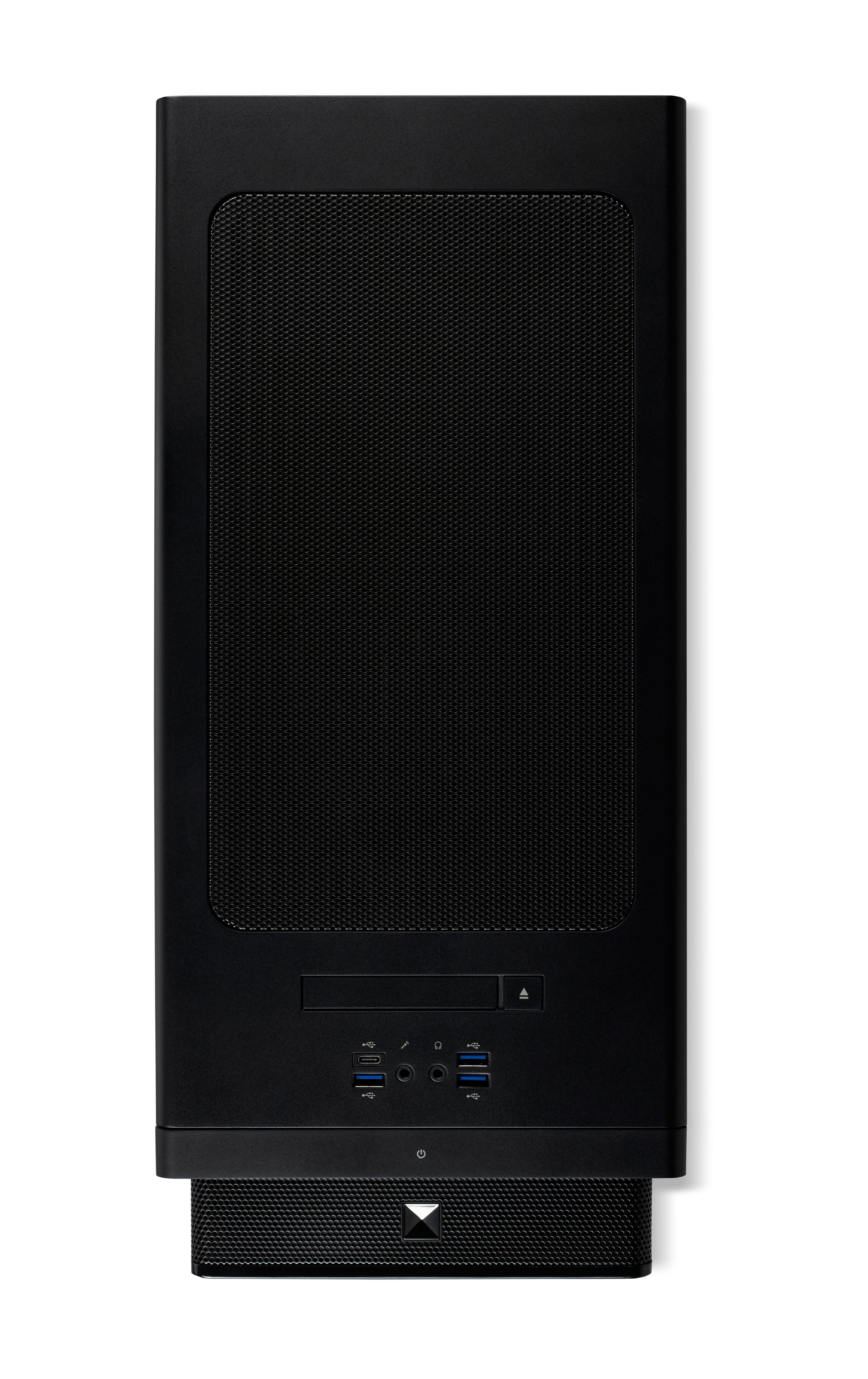 Schwarzer PC-Tower mit Mesh-Front und USB-Anschlüssen unten.