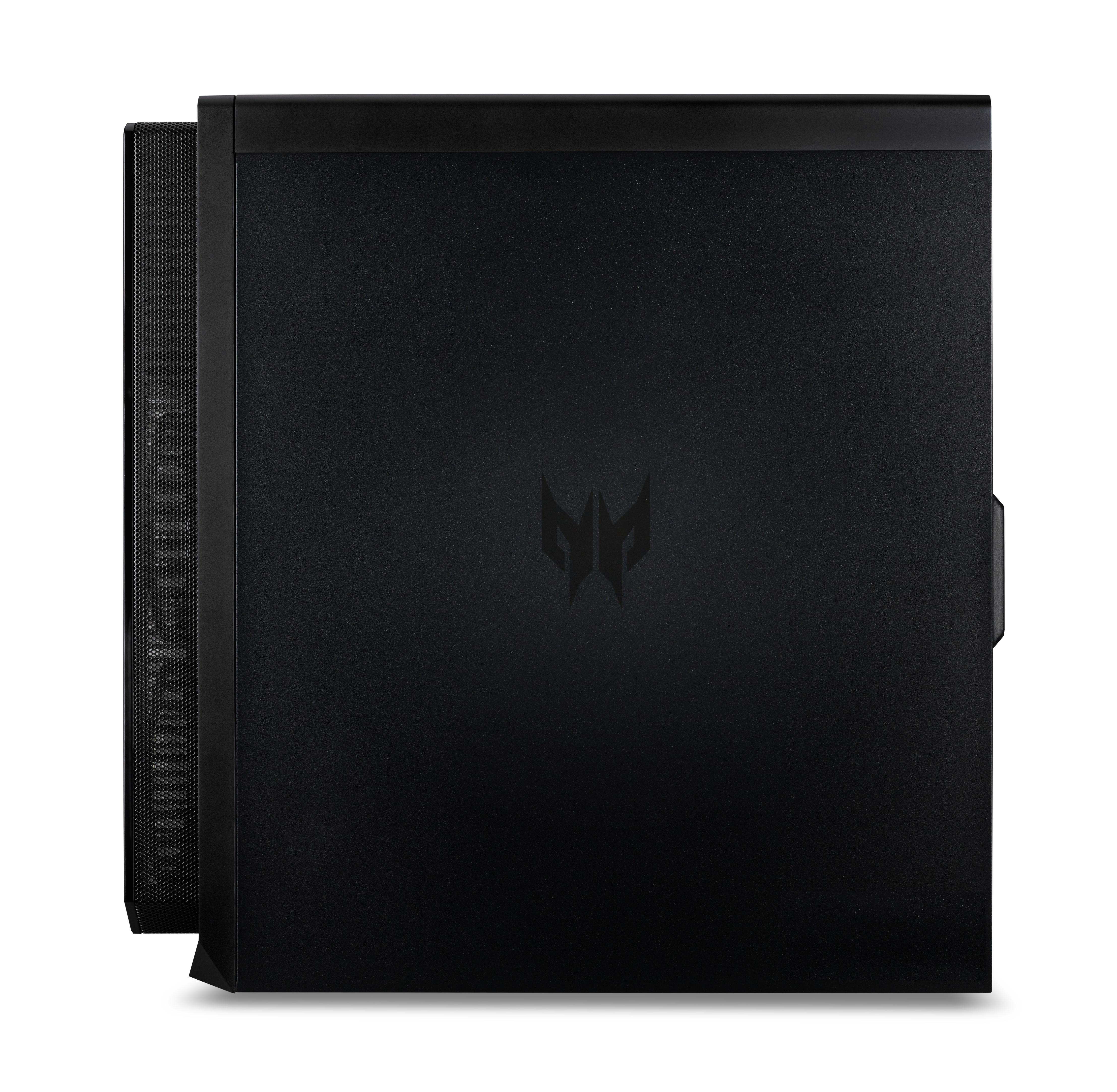 Draufsicht auf ein schwarzes Computergehäuse mit dem Predator-Logo auf der Vorderseite.