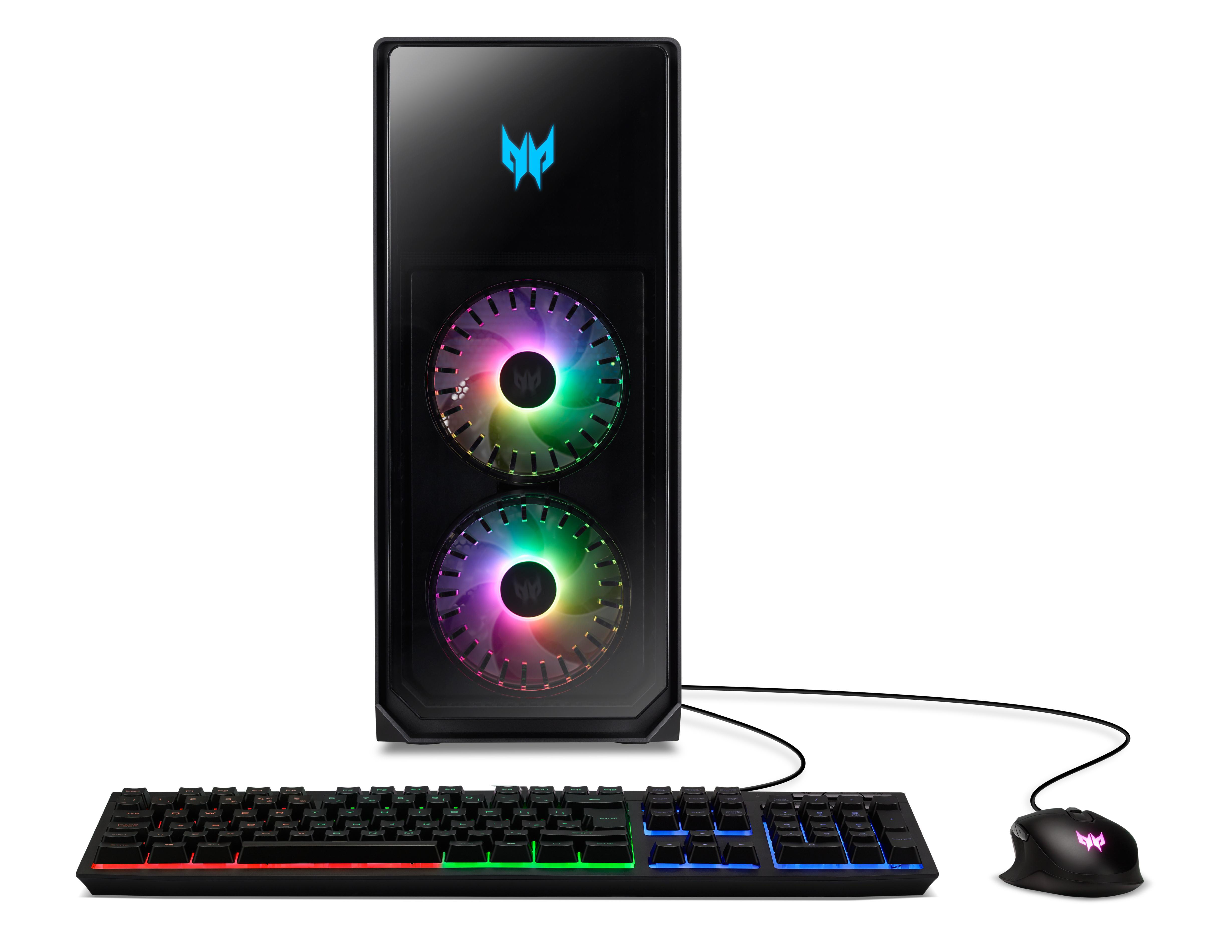 Ein Gaming-PC, Tastatur und Maus vor weißem Hintergrund.