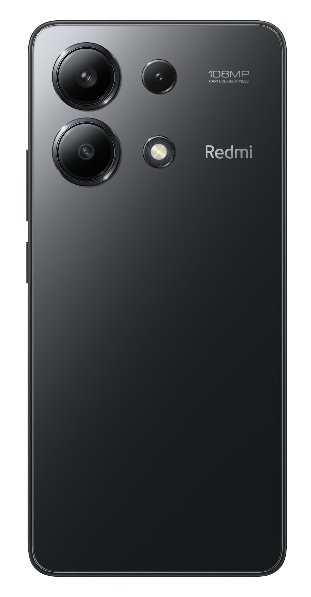 Widok z tyłu telefonu Redmi. Czarny z trzema aparatami i jedną lampą błyskową.