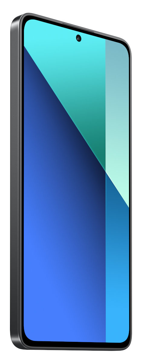 Czarny smartfon z niebieskim gradientem na ekranie, na białym tle, pod kątem.