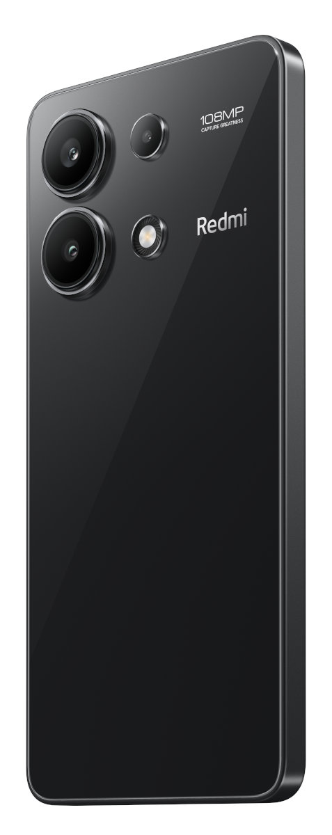 Czarny smartfon z wieloma tylnymi aparatami, widoczne słowo 'Redmi'.