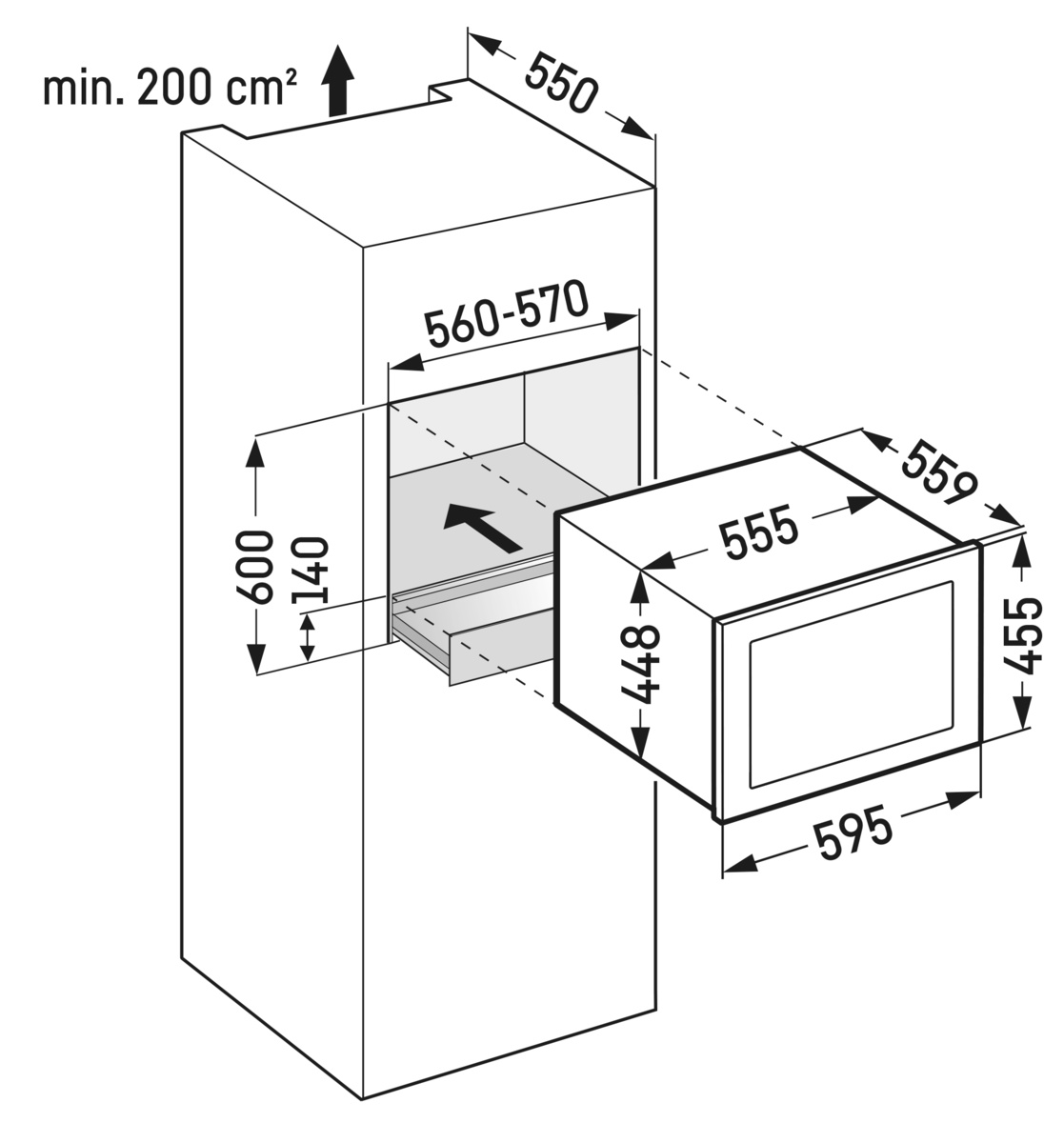 Beépített mikrohullámú sütő méreteit ábrázoló diagram.