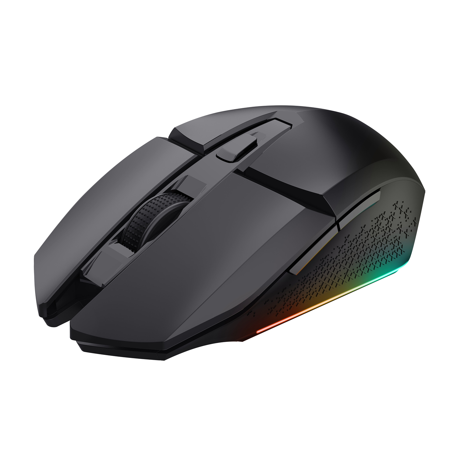 Un mouse da gioco nero con rotella e pulsanti. Il mouse ha luci colorate.