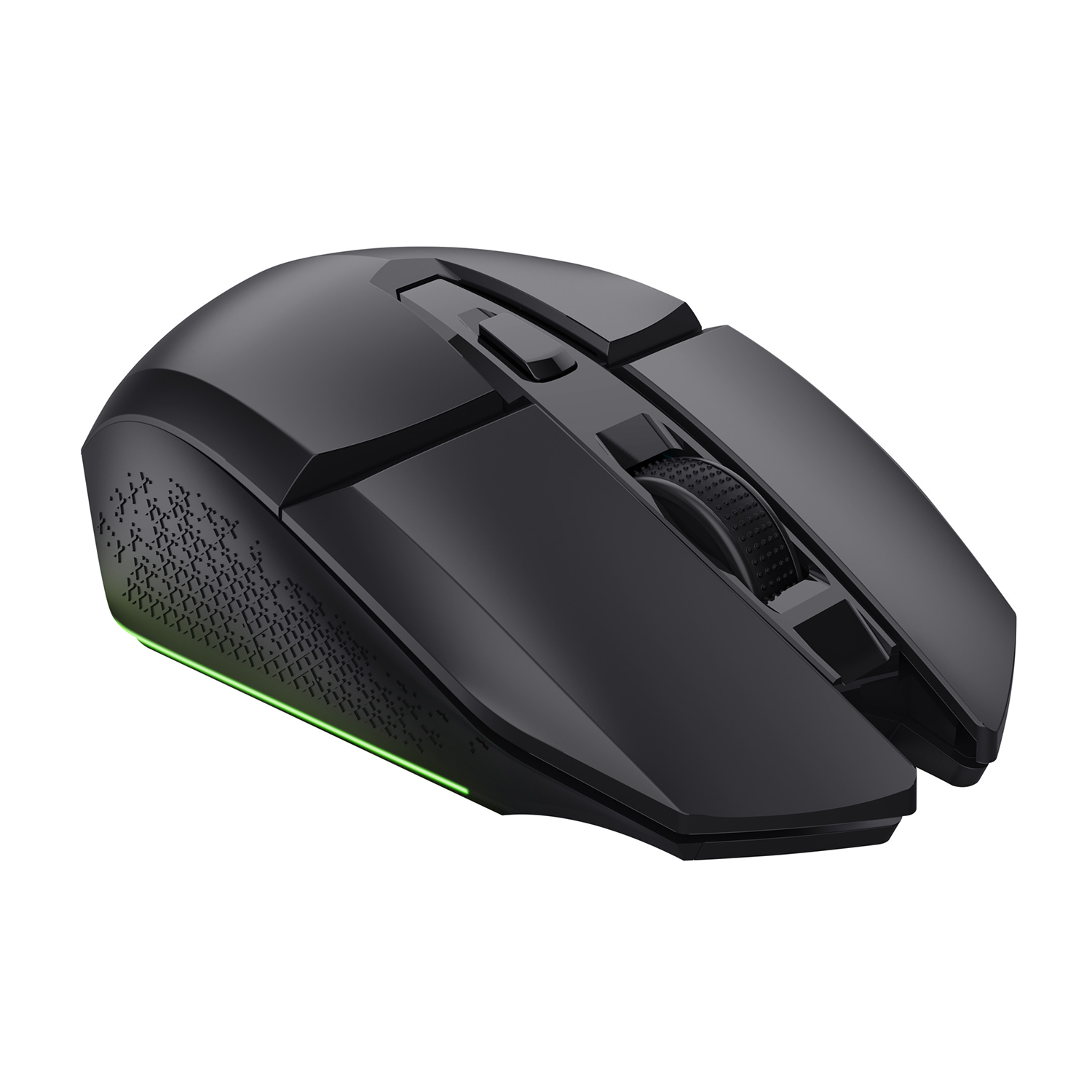 Mouse wireless nero con un design elegante e illuminazione verde sulla base.