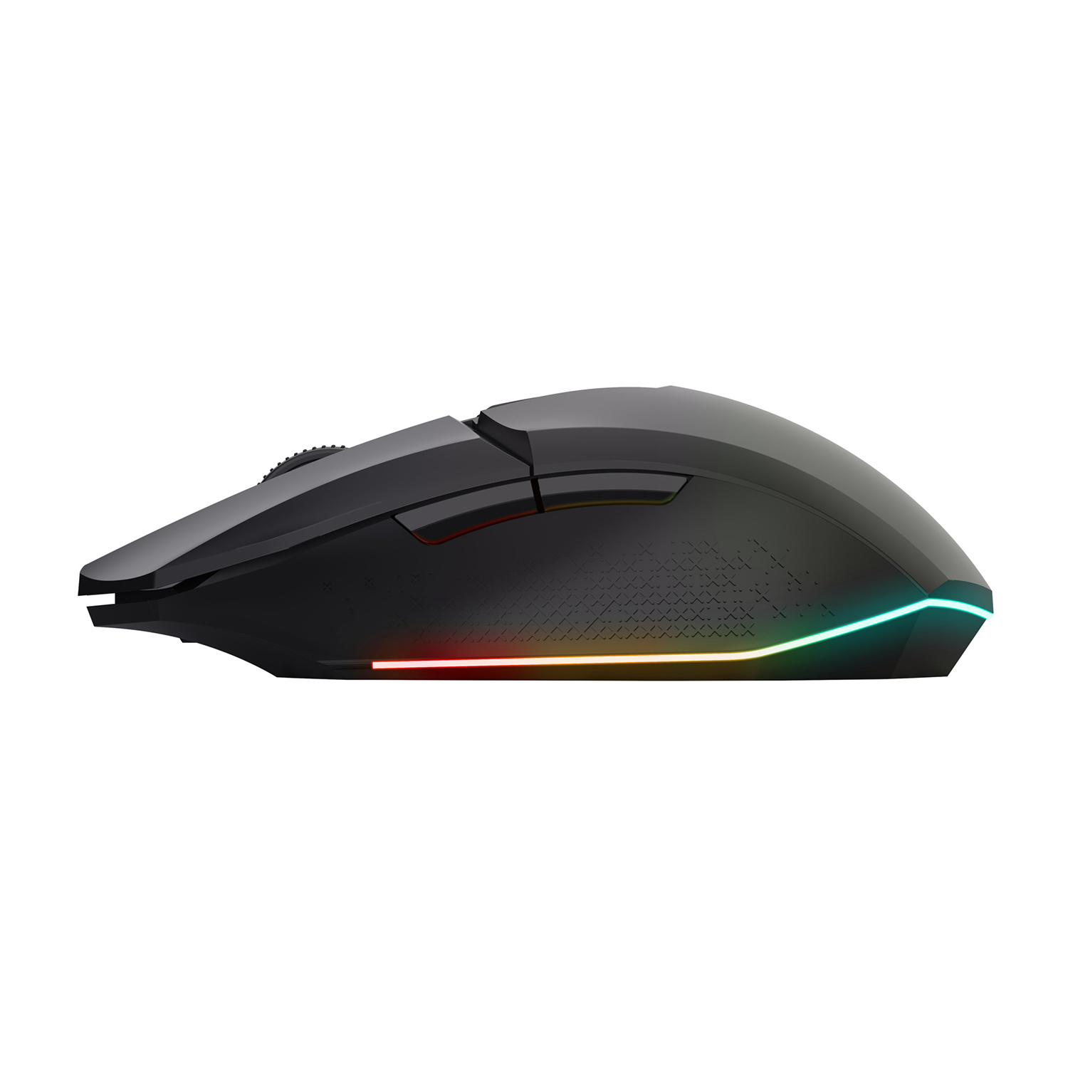 Vista laterale di un mouse da gaming bianco e nero con accenti luminosi colorati.