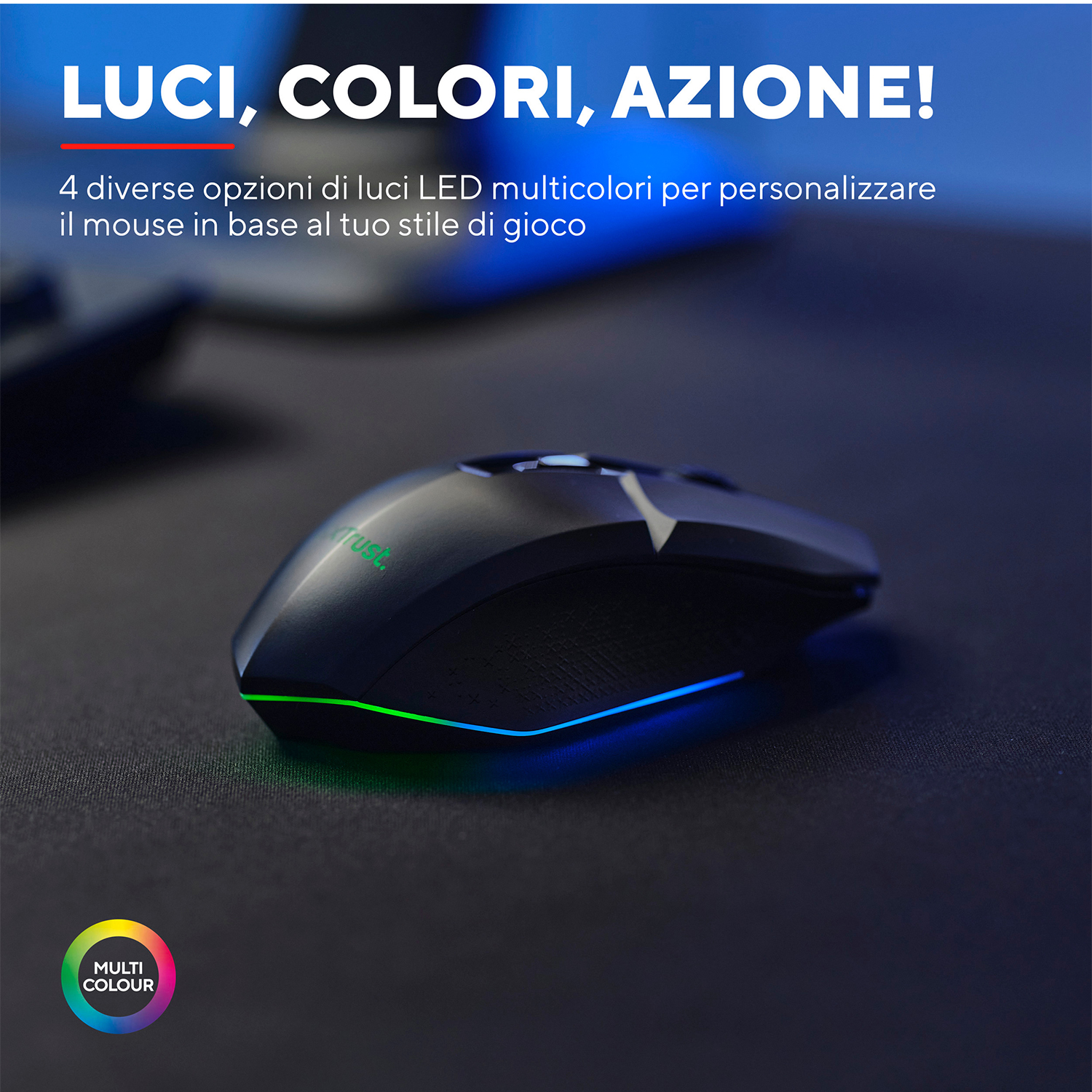 Mouse da gioco nero con luci multicolore, su una superficie nera.