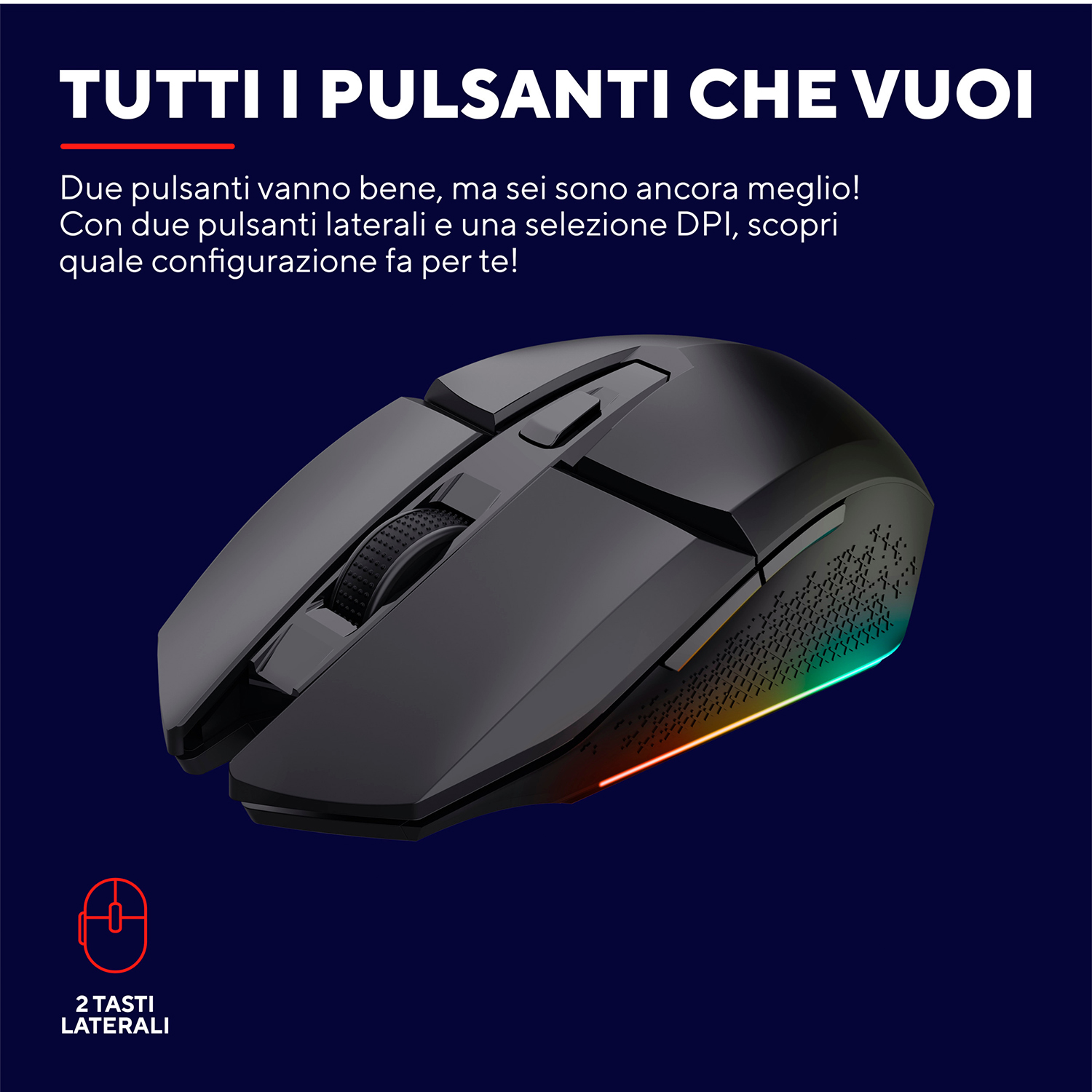 Mouse da gioco nero con più pulsanti, su sfondo blu scuro.