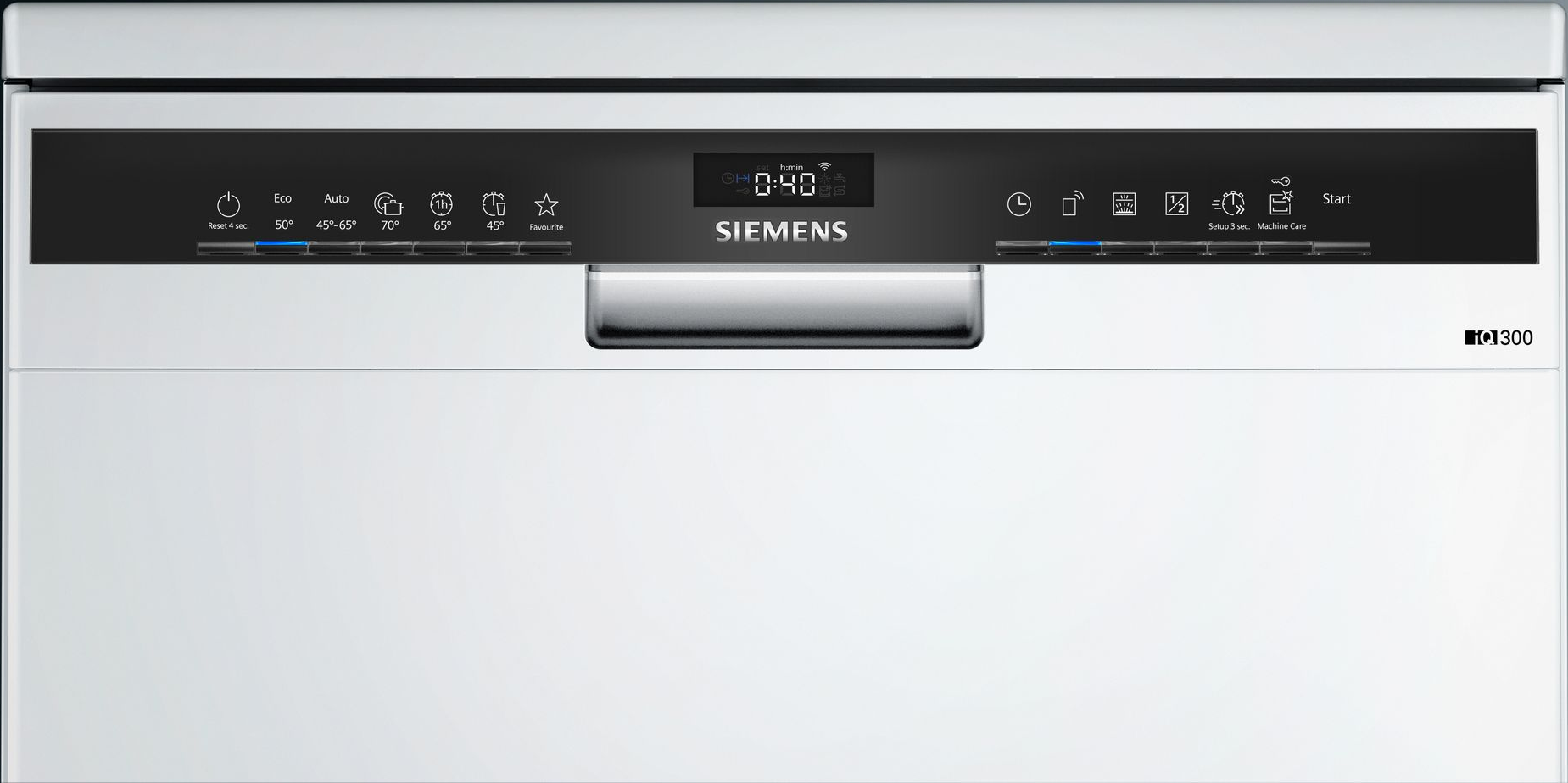 Lave-vaisselle Siemens blanc avec panneau de commande et affichage numérique, fermé.