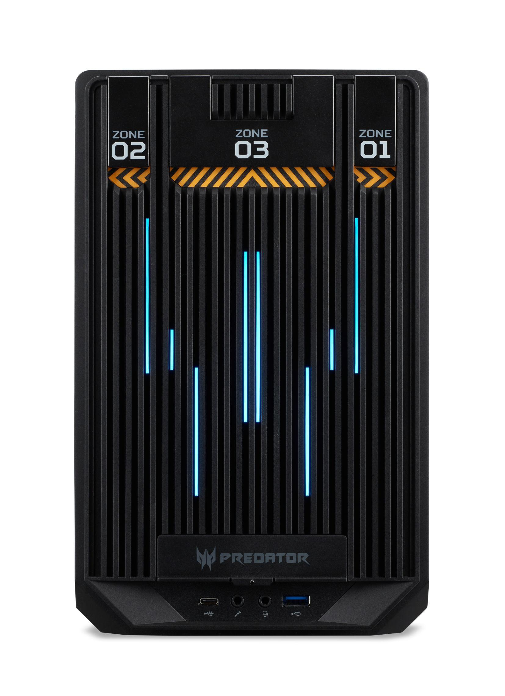 Schwarzer Computerturm. Vertikales Design. Blaue Lichter. Die Front hat drei Zonen, beschriftet 01-03.