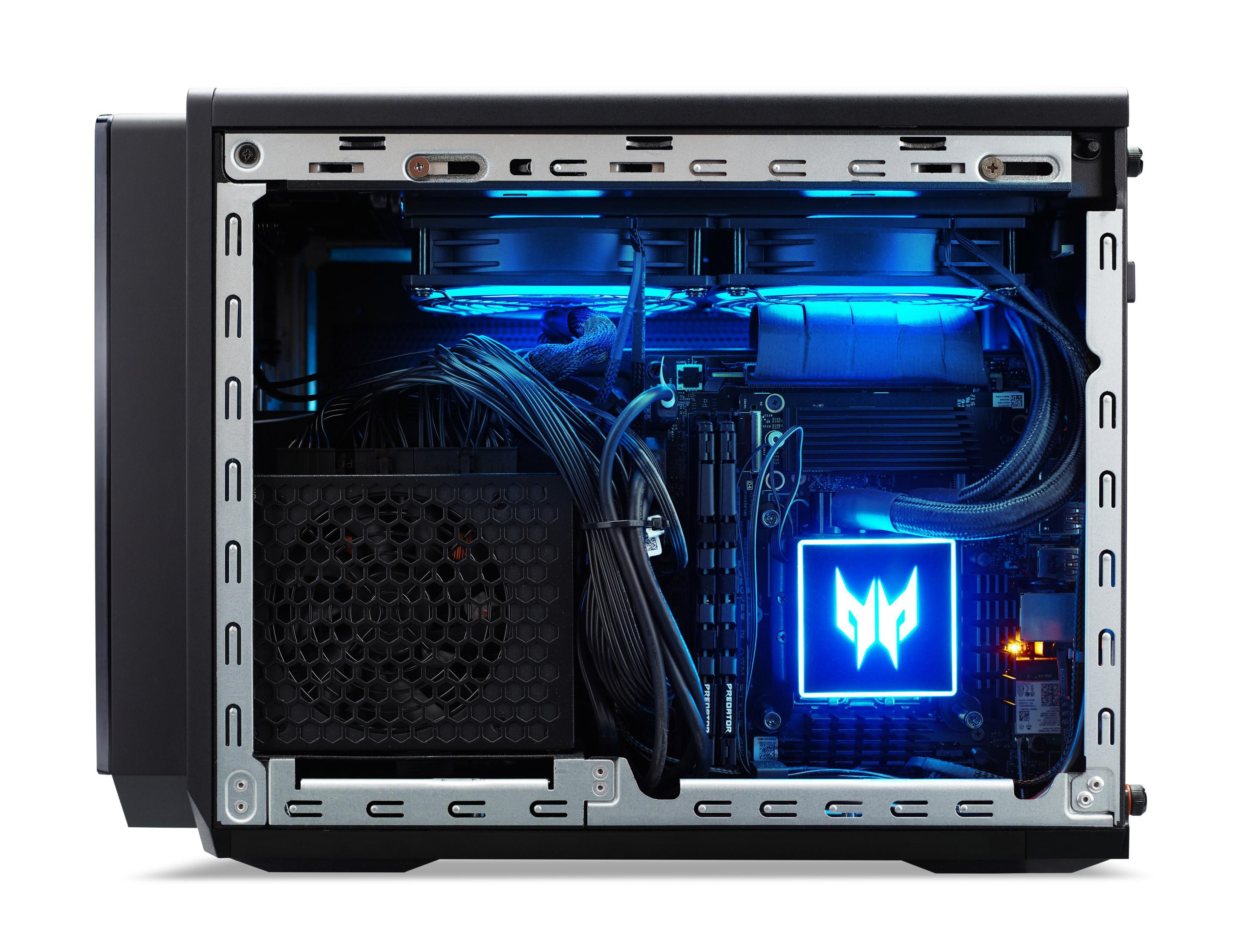 Innenansicht eines schwarzen Computergehäuses mit blauen Lichtern und Komponenten.