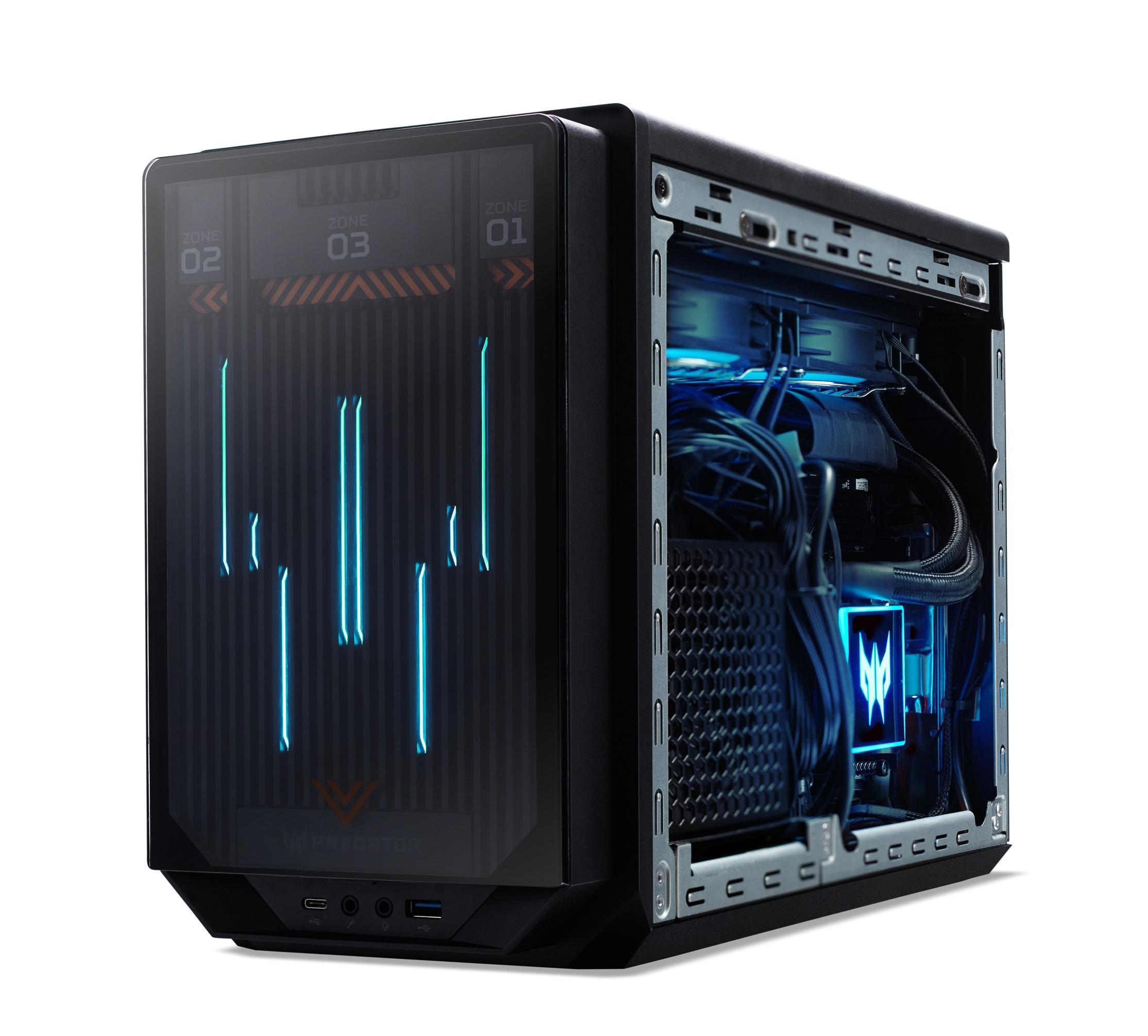 Schwarzes Computergehäuse. Blaue Innenbeleuchtung. Transparente Seitenwand. Predator-Logo.