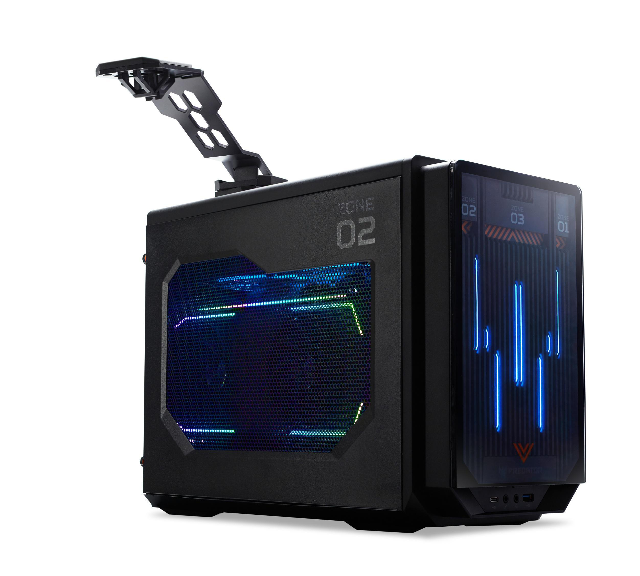 Ein schwarzes Computergehäuse mit Bildschirm, beleuchtetem Innenraum und einem hochgeklappten Griff.