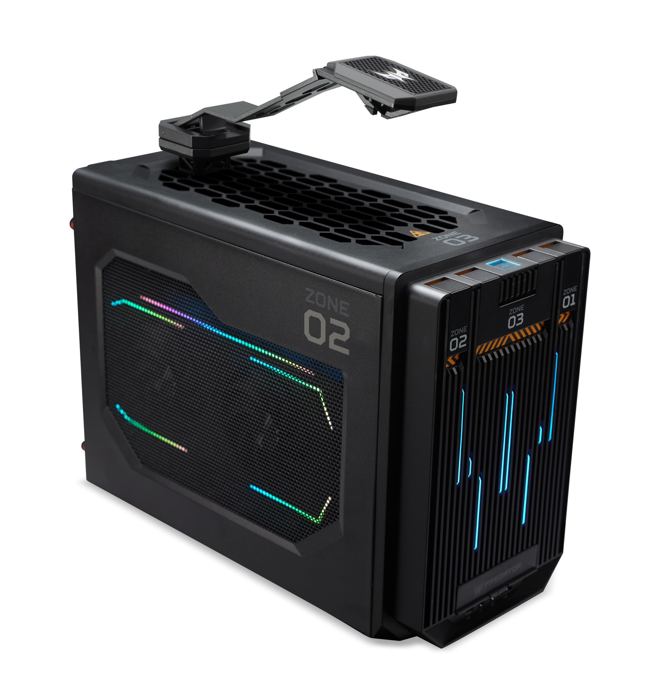 Ein schwarzes Computergehäuse mit farbigen Lichtern und Kühlsystem, schräge Ansicht.