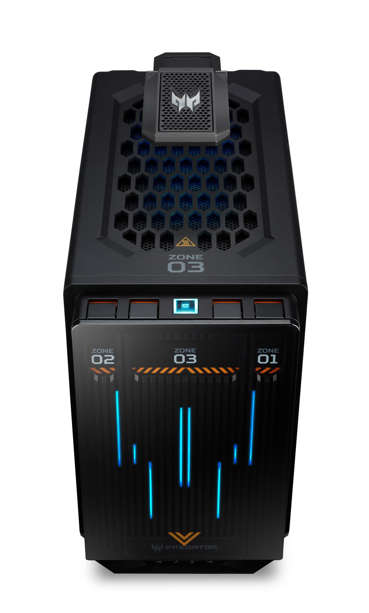 Ein schwarzes Computergehäuse mit blauen Lichtern und einem Logo. Es hat ein futuristisches Design.