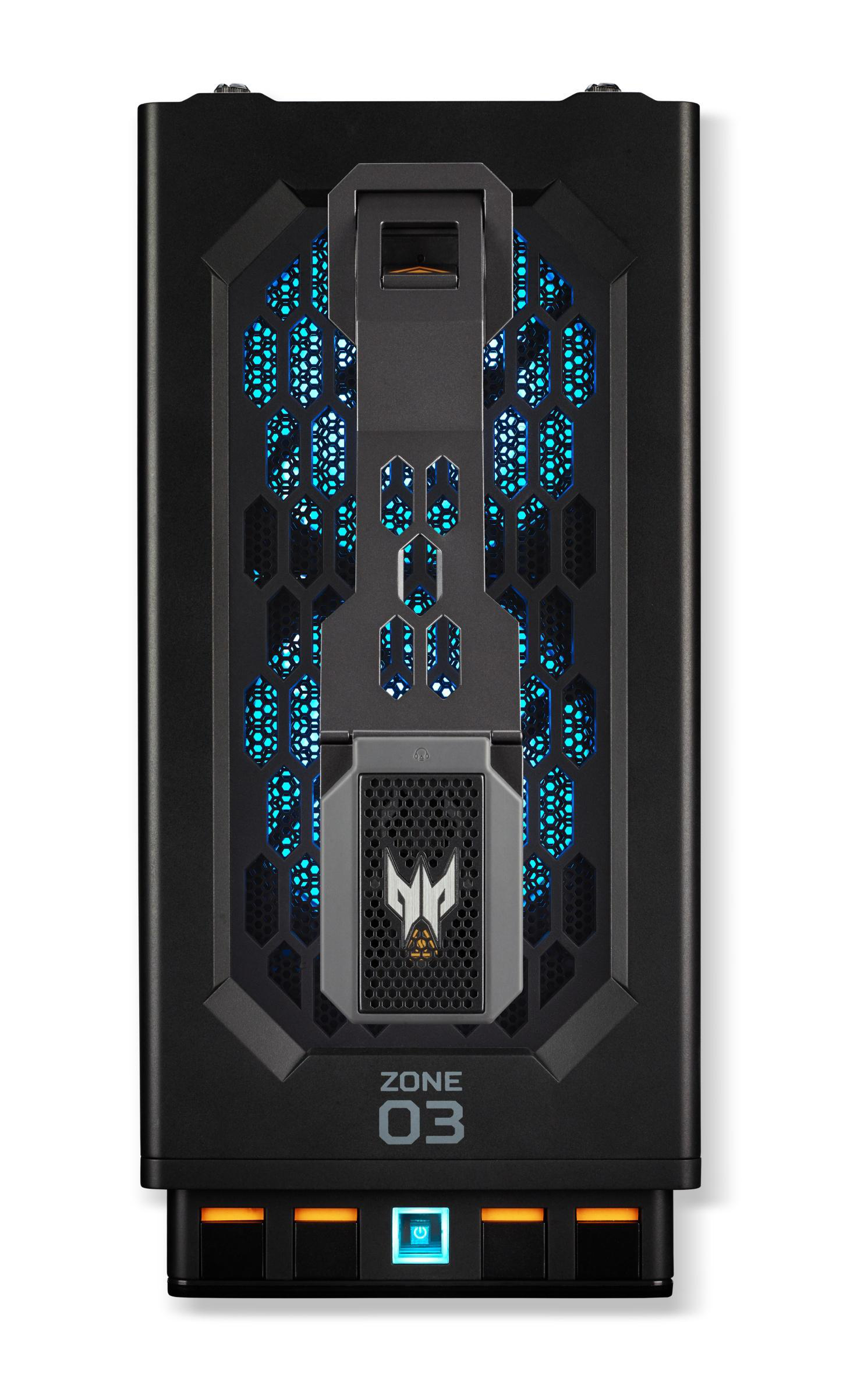 Schwarzes Computergehäuse mit Beleuchtung, Predator-Logo und dem Text 'Zone 03'.