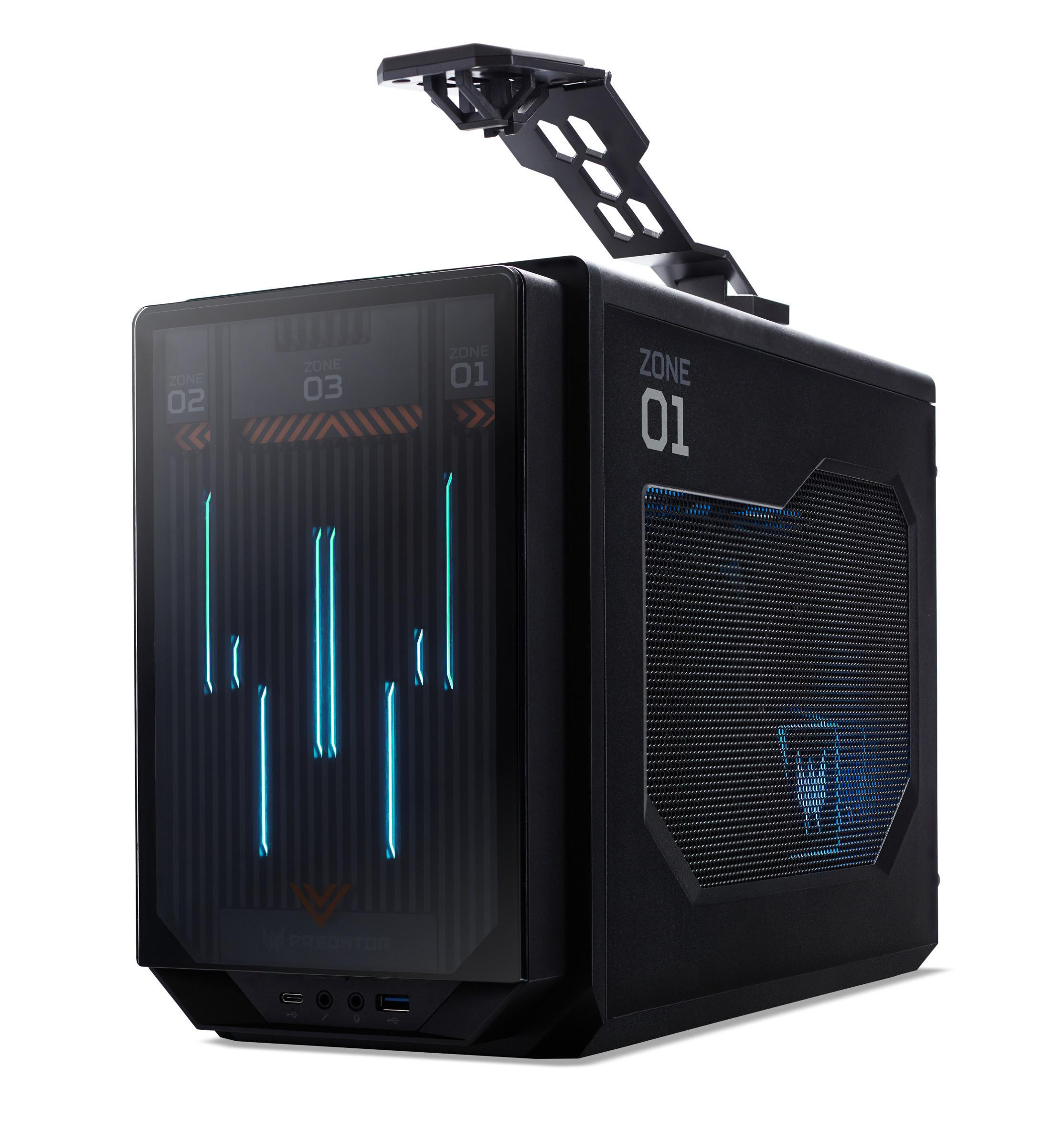 Schwarzes Computergehäuse mit Glasfront und blauen Lichtern. Es trägt die Aufschrift ZONE 01 und PREDATOR.