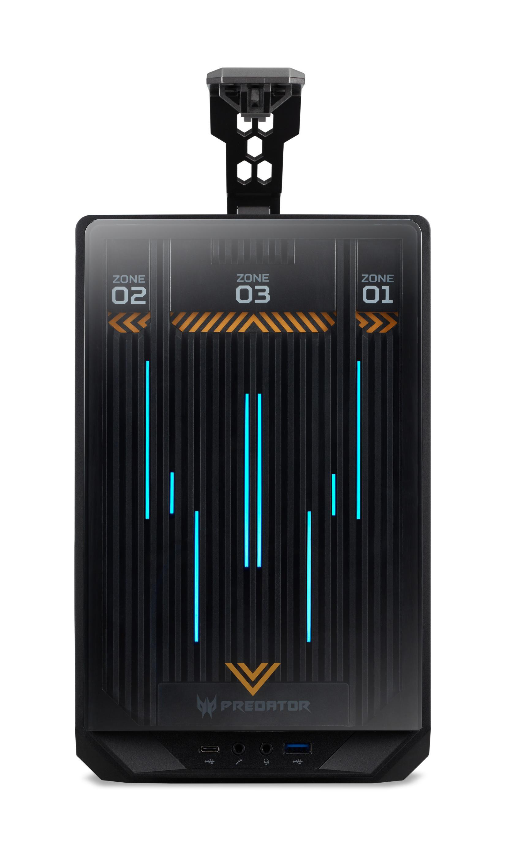 Schwarzes Predator Computerzubehör. Hat blaue Lichter und das Predator-Logo auf der Vorderseite.