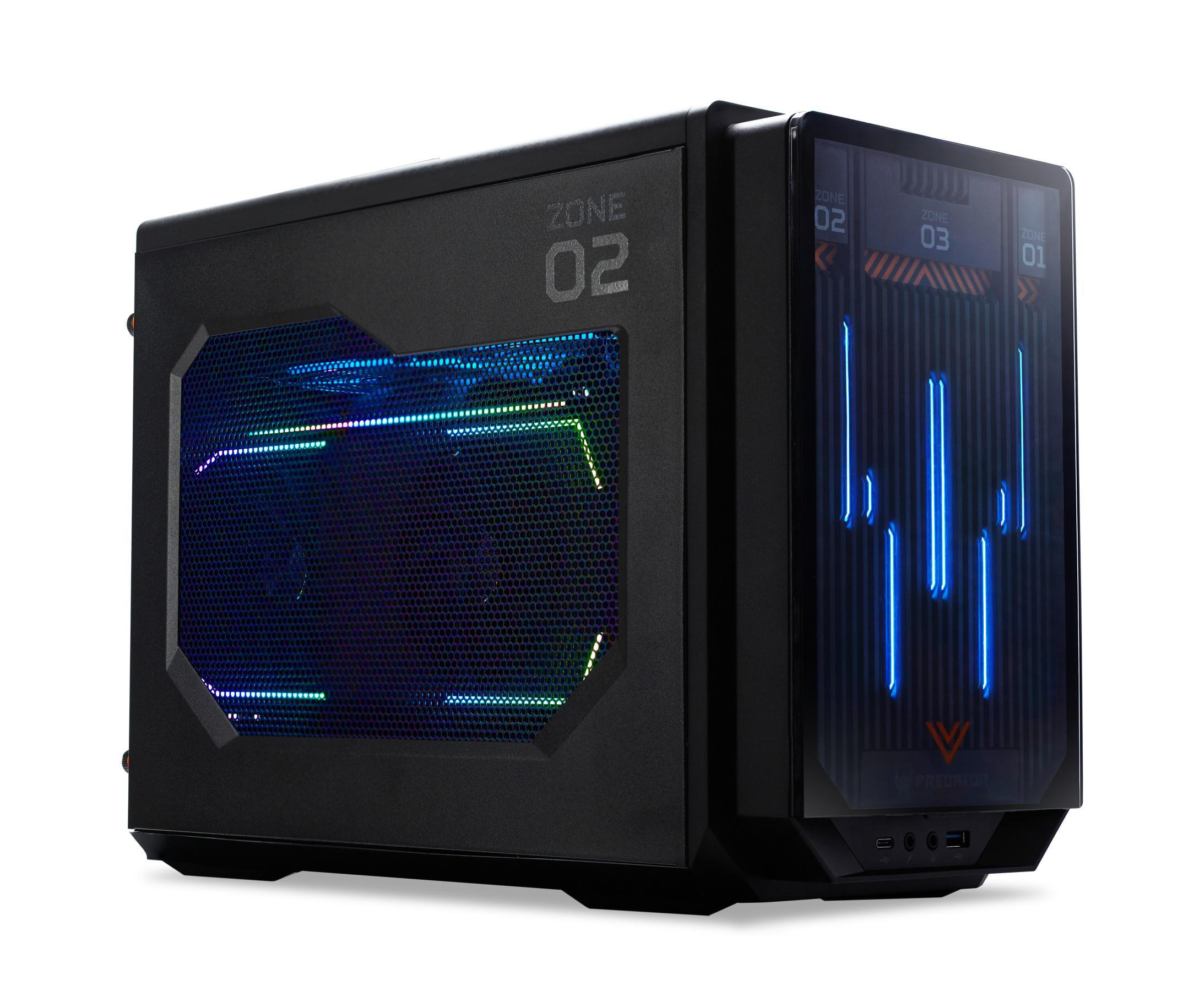 Schwarzes Computergehäuse mit Mesh-Seitenwand und farbigen Lichtern innen.