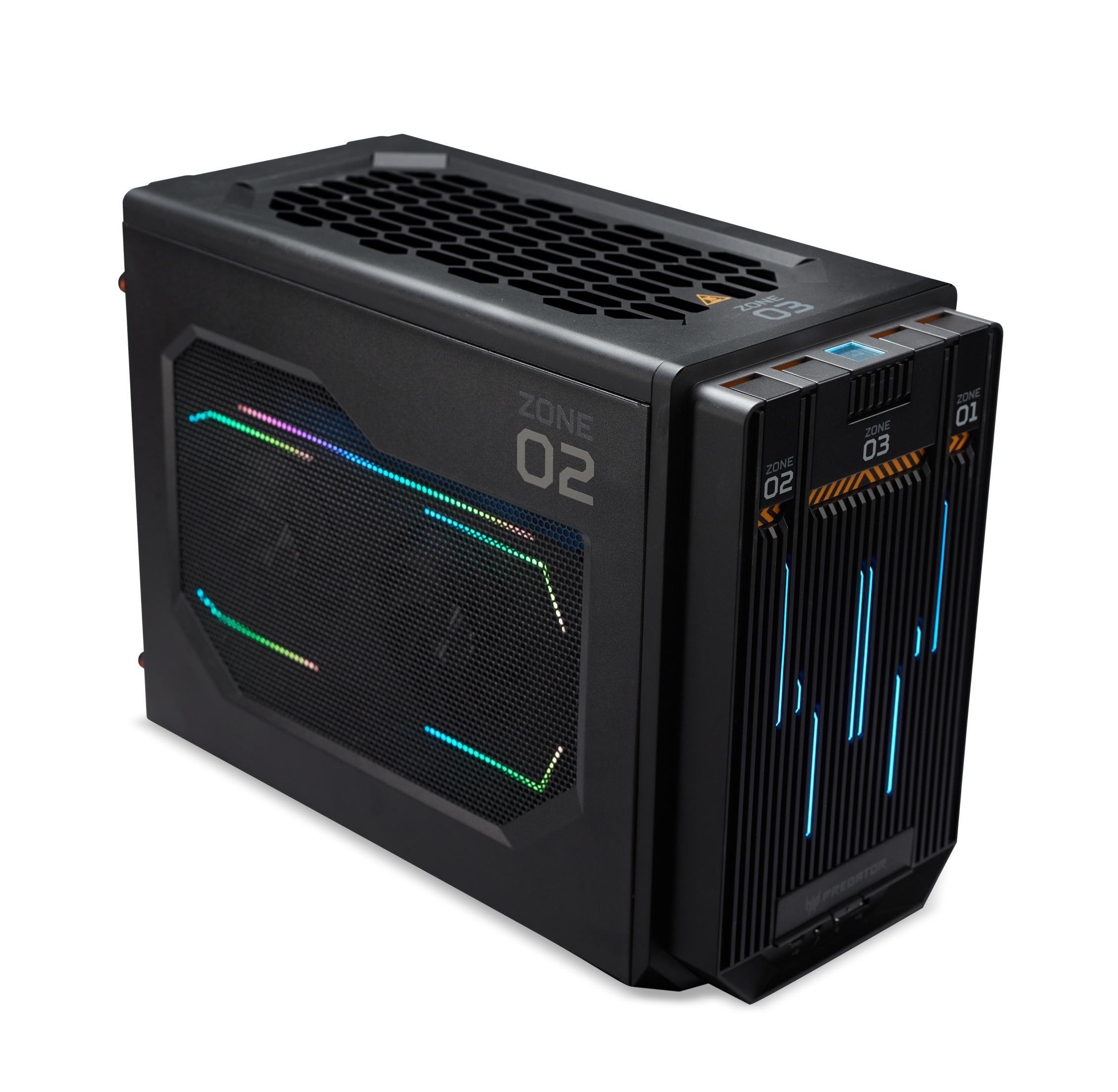 Schwarzes Computergehäuse mit bunten Lichtern. Die Front hat die Zone 02,03,01 Etiketten.