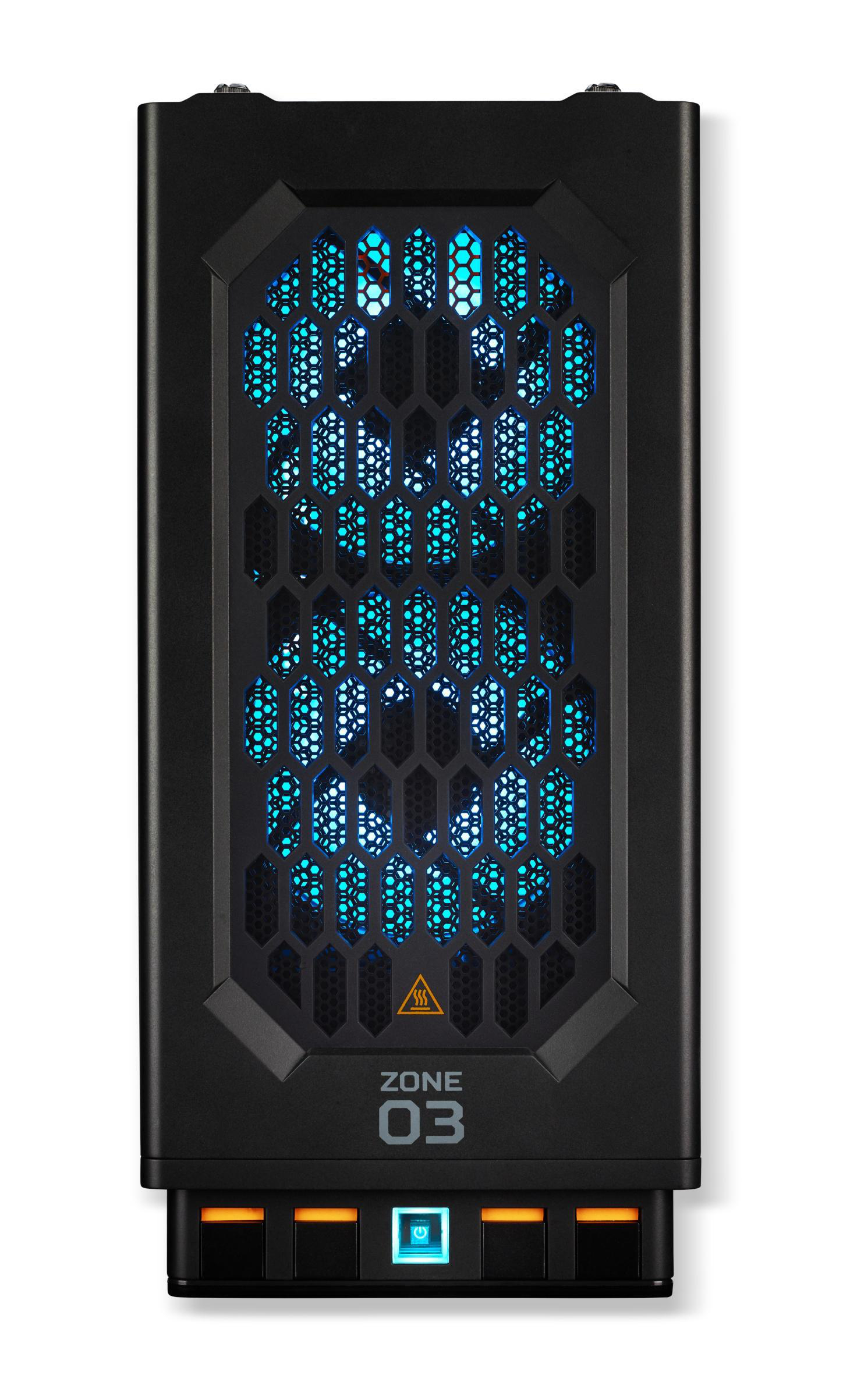 Schwarzes Gerät mit Wabenmuster und Zone 03 Text. Blaues Licht scheint durch das Gitter.