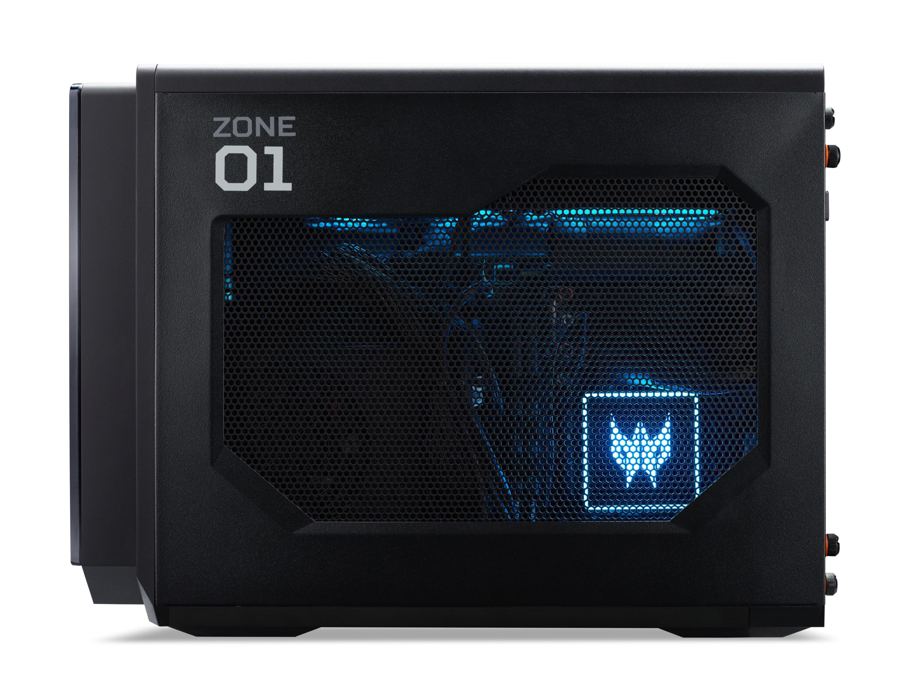 Ein schwarzes Computergehäuse mit blauer Beleuchtung hinter einer Mesh-Front. Der Text 'ZONE 01' ist sichtbar.