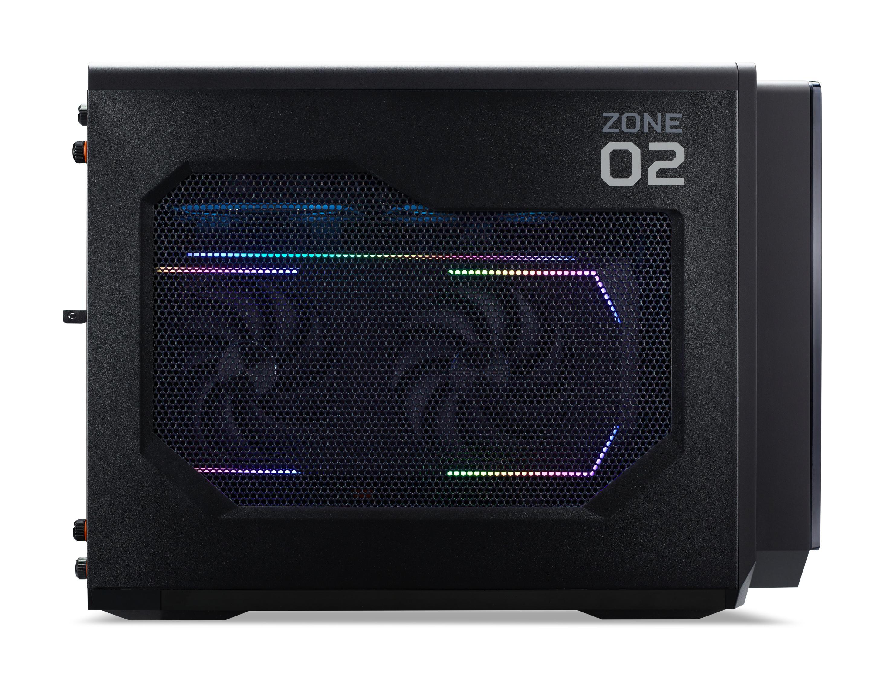 Schwarzes Computergehäuse mit Mesh-Front und dem Text "ZONE 02" an der Seite.