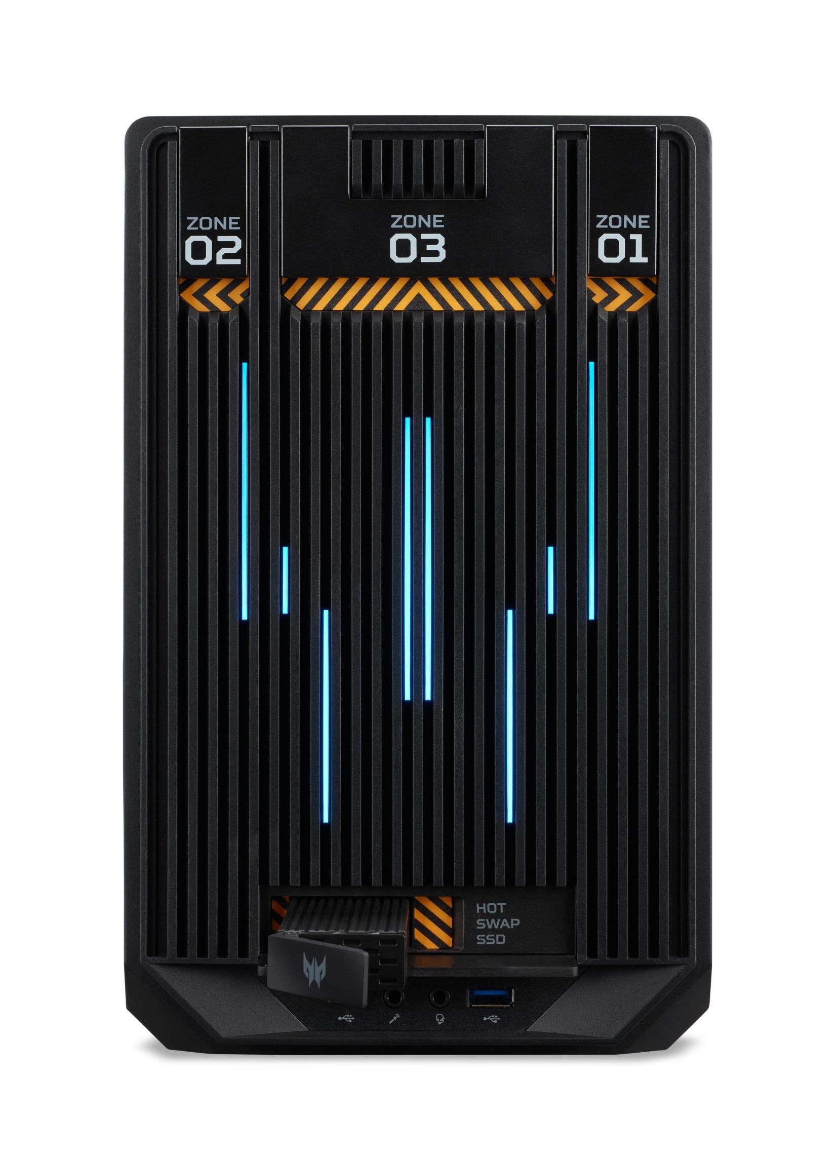 Ein schwarzer Computerturm mit vertikalen Lichtern und Zonenbezeichnungen.