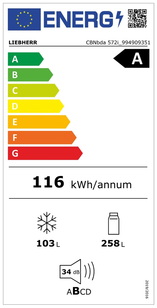Energia címke Liebherr hűtőszekrényhez. Fehér háttér. A energiahatékonysági osztály.