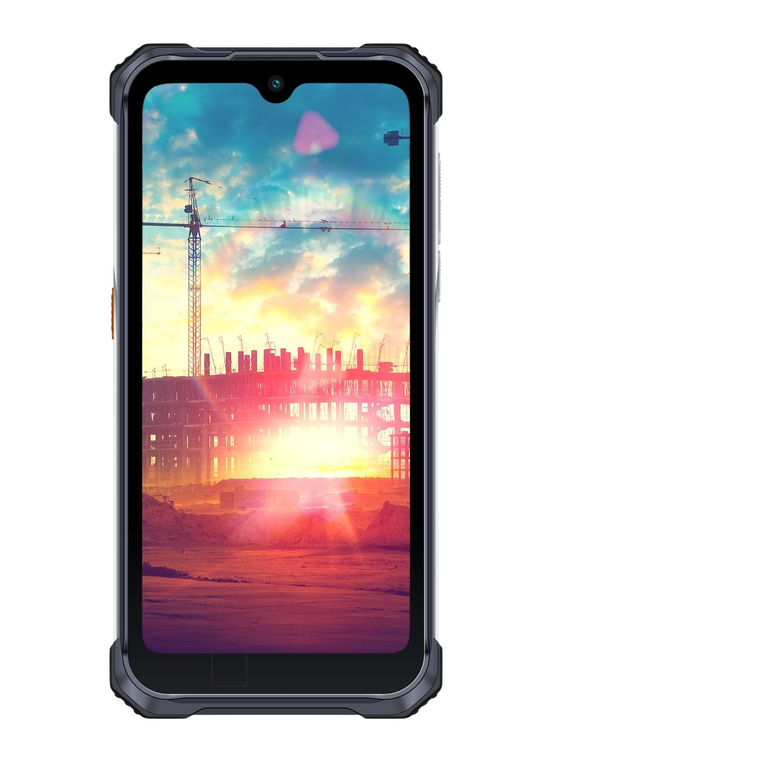 Een robuuste smartphone die een bouwplaats met een zonsopgang weergeeft.