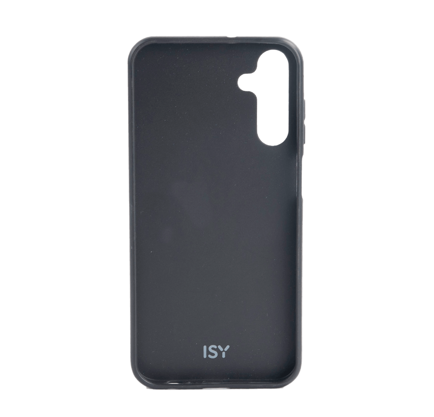 Funda de teléfono negra con recortes para cámara y botones, con logo ISY.
