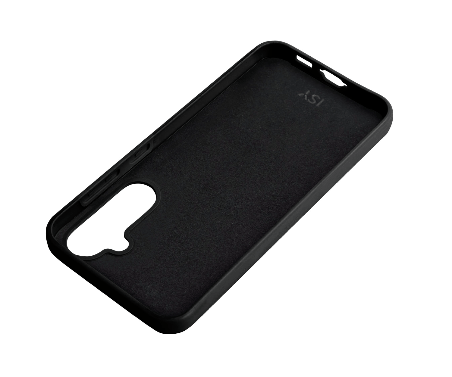 Una funda de teléfono negra, vista interior con una base curva y recortes.
