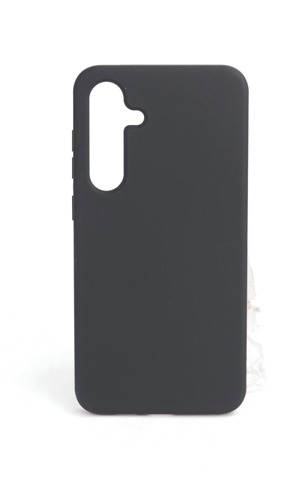 Funda de teléfono negra con un recorte para la cámara. Fondo blanco.